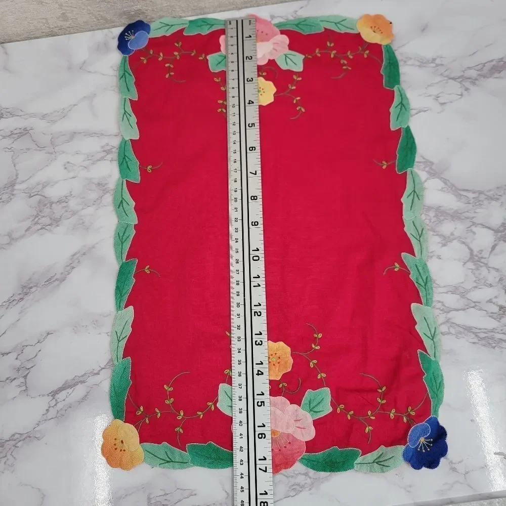 Vintage Placemat Set Red and Blue with Hand Embroidered Flowers Leaves 4pc